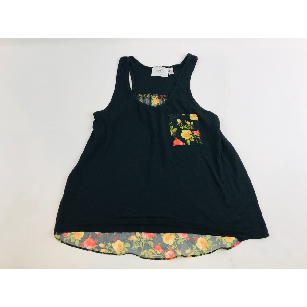 Jody Tank Top Women's Size Small? Black Multicolor Floral Back Sheer Scoop Neck